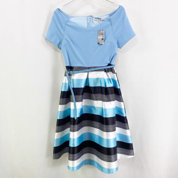 FASHION LINE Vintage 90s Blue Striped Off Shoulder V-Neck Midi Dress NWT - Picture 2 of 9